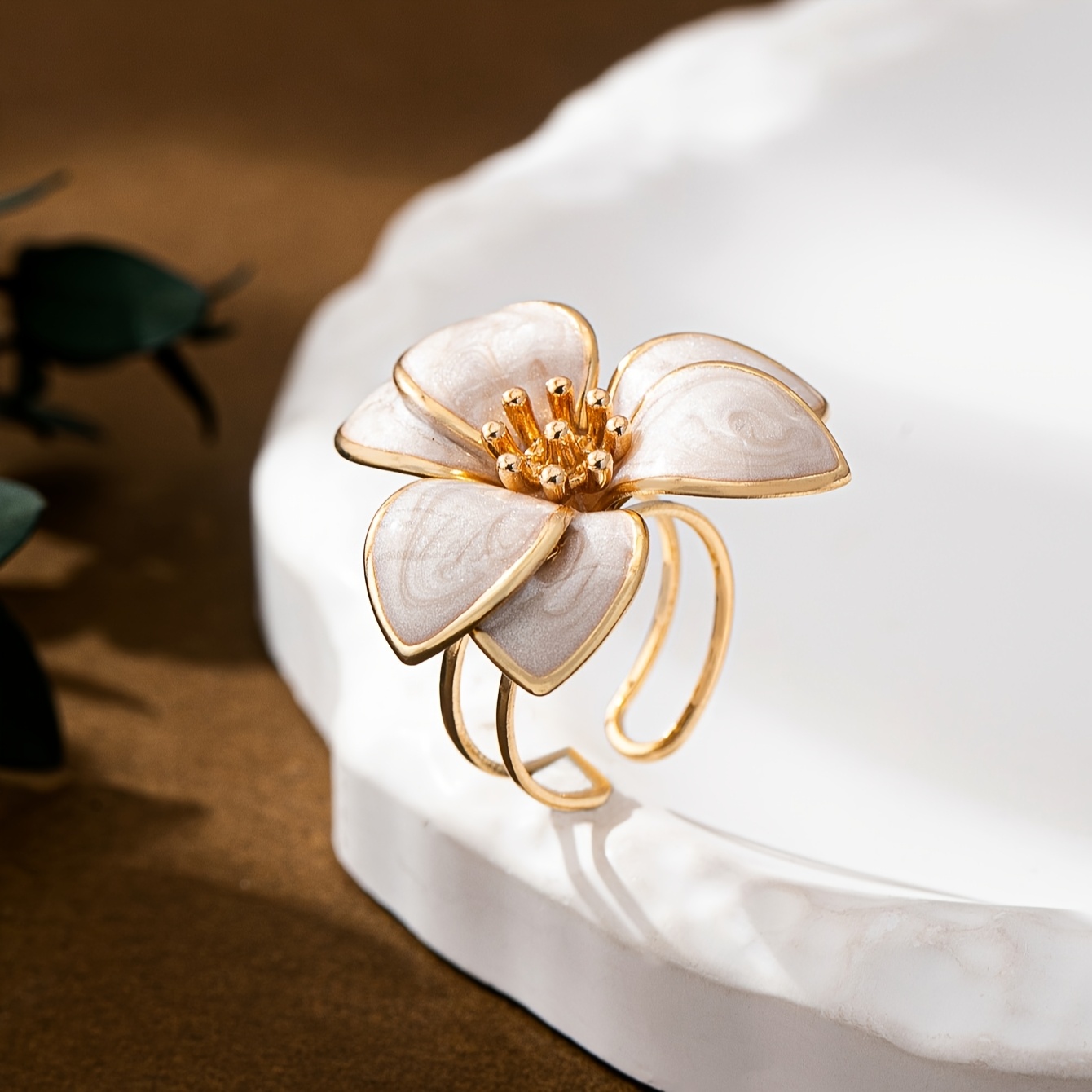 Enamel Flower Ring Green Marble Golden Tone Metal Open Ring